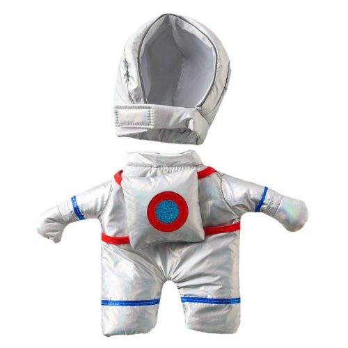 Spaceman Dog Costume displayed on its own, showing silver suit and astronaut helmet from different angles.