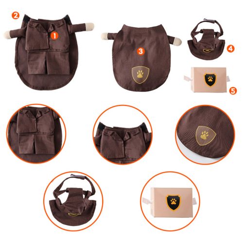 Photo shows all elements of the Delivery Driver Dog Costume.