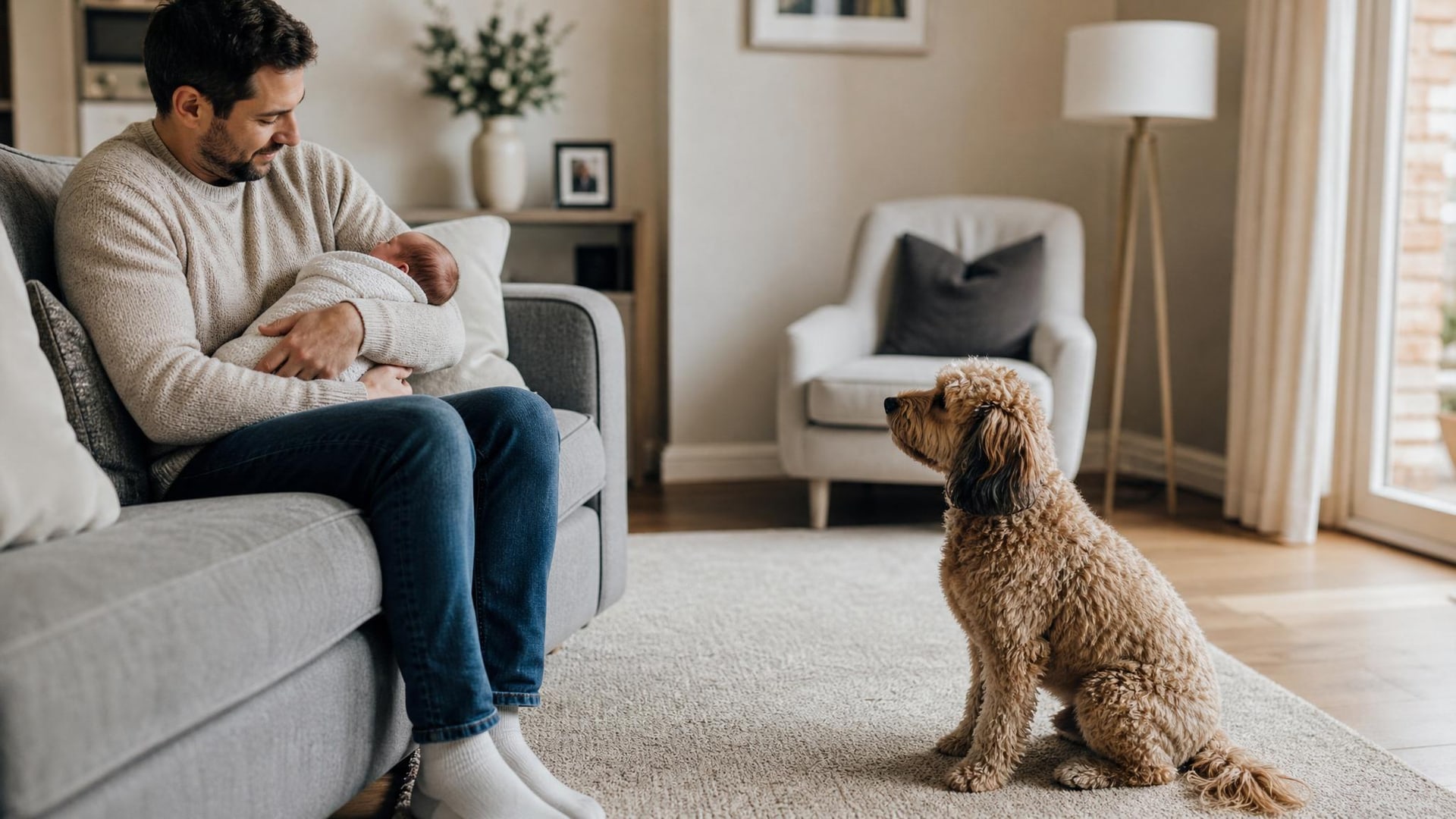 Calm dog sitting safely away from an adult holding a newborn baby