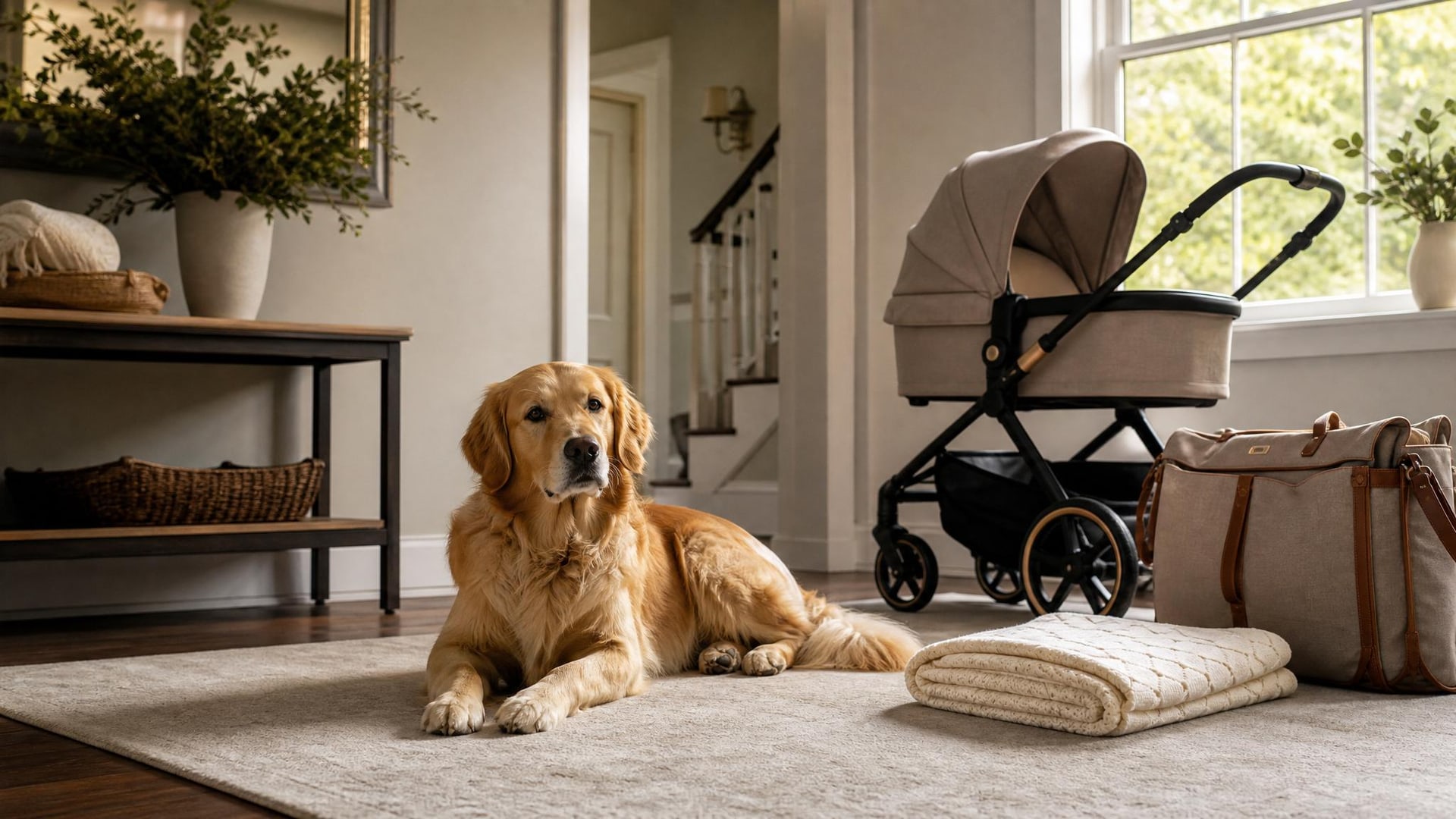Dog resting near baby items before a newborn comes home