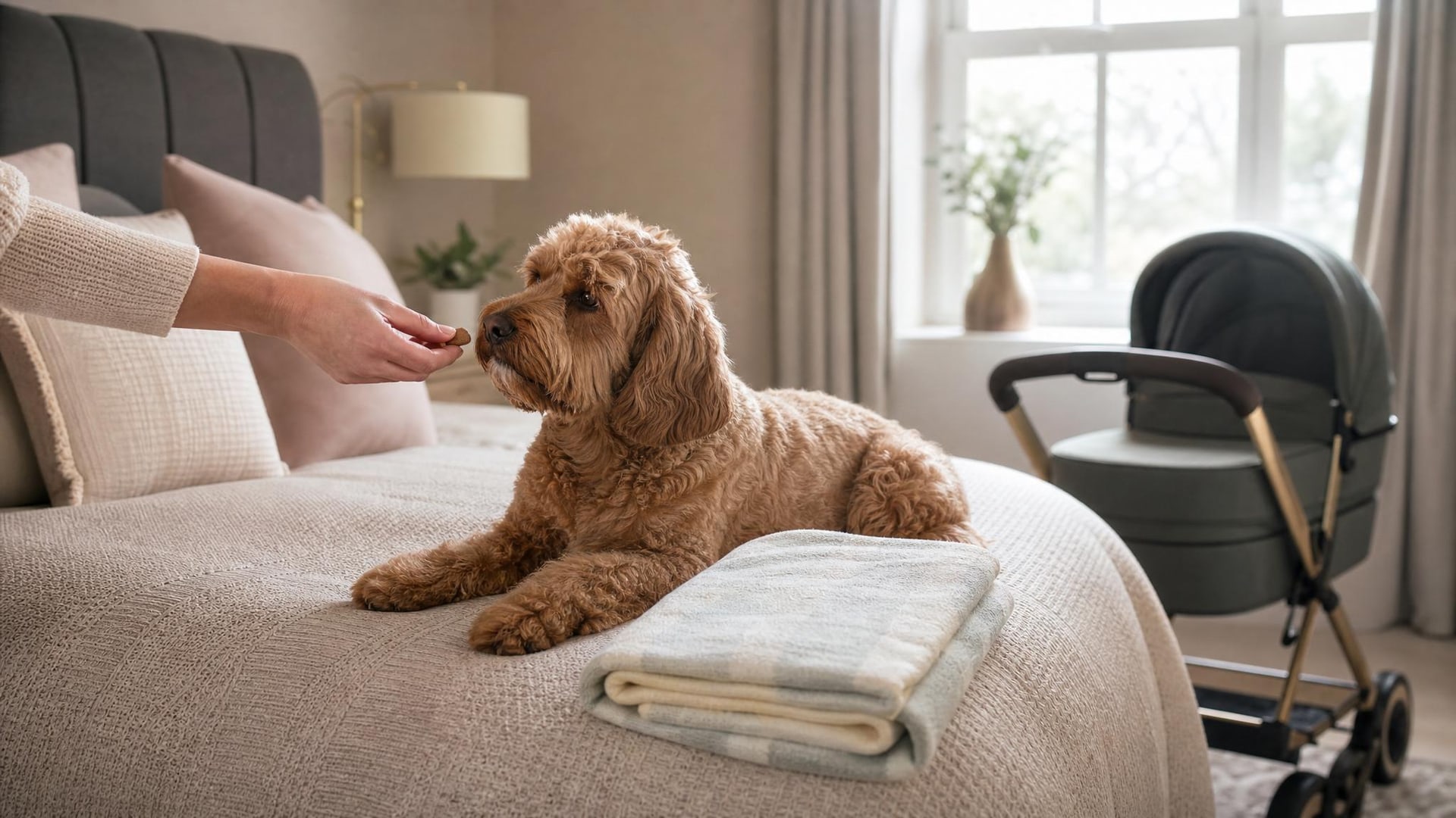 Dog calmly settling near baby sounds and preparation items