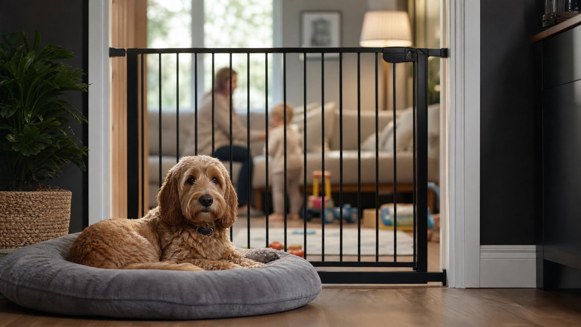 Dog resting behind a baby gate in a safe home space