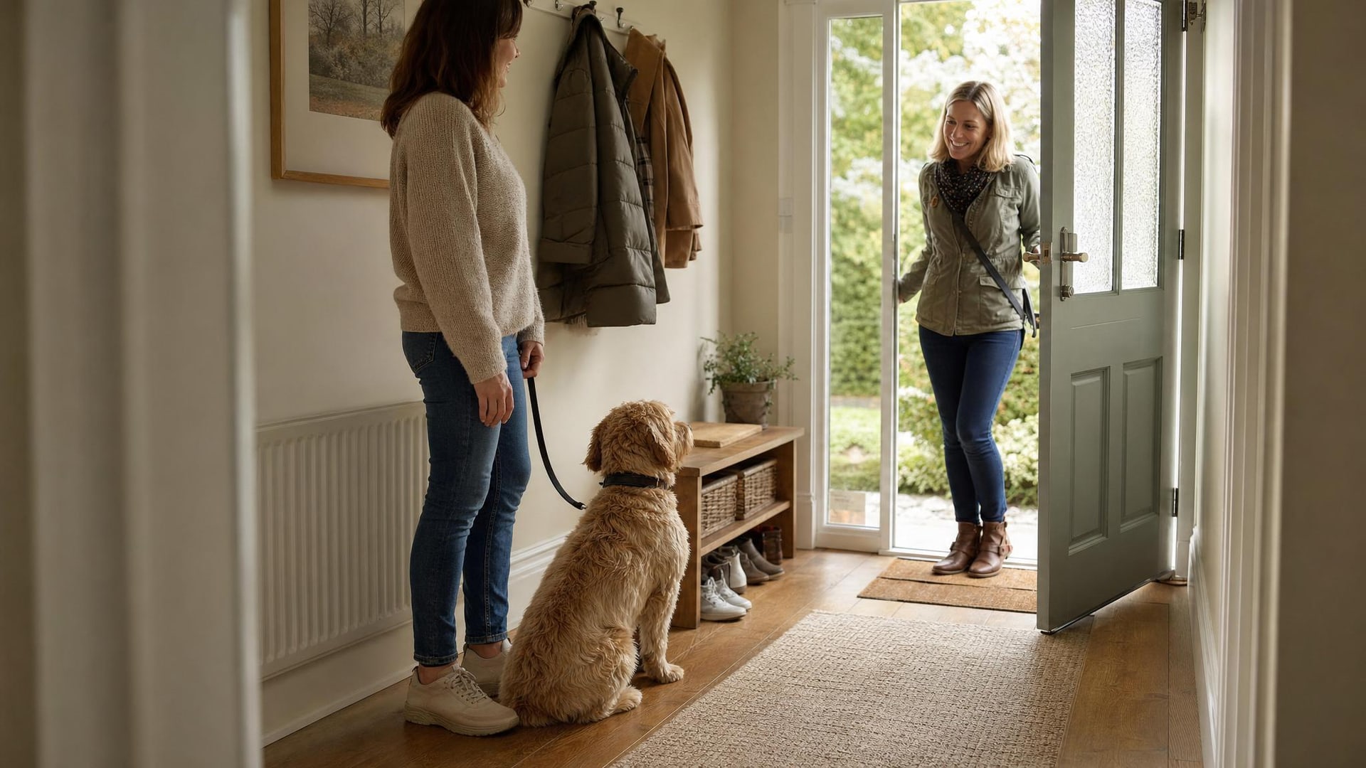 Dog calmly managed near the front door before visitors arrive