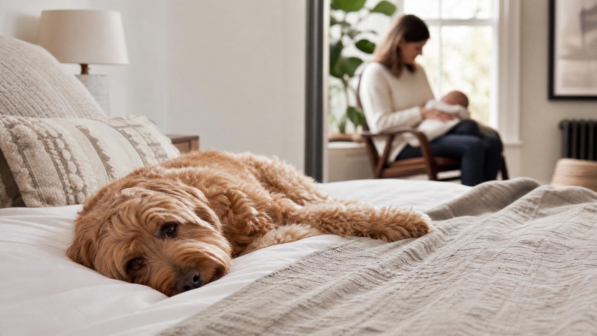 Relaxed dog showing calm body language near family life
