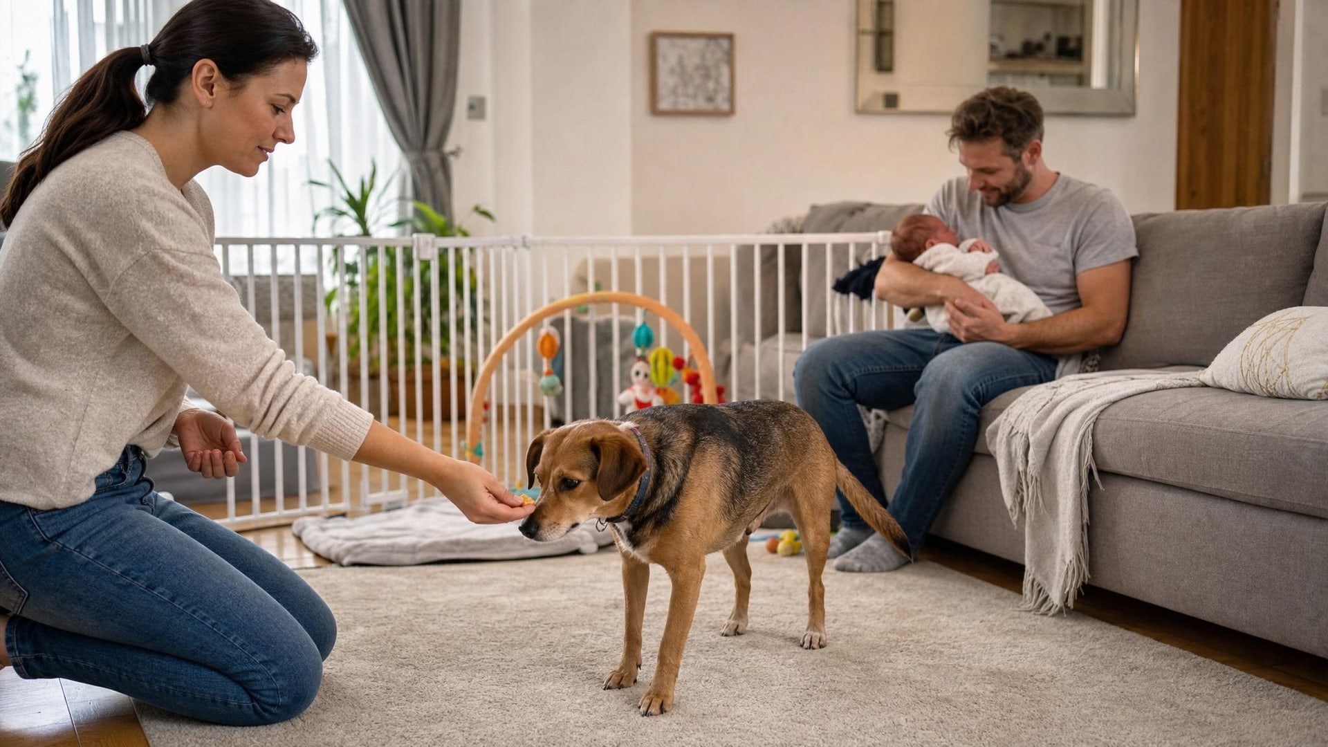 Owner calmly redirecting dog around a newborn baby