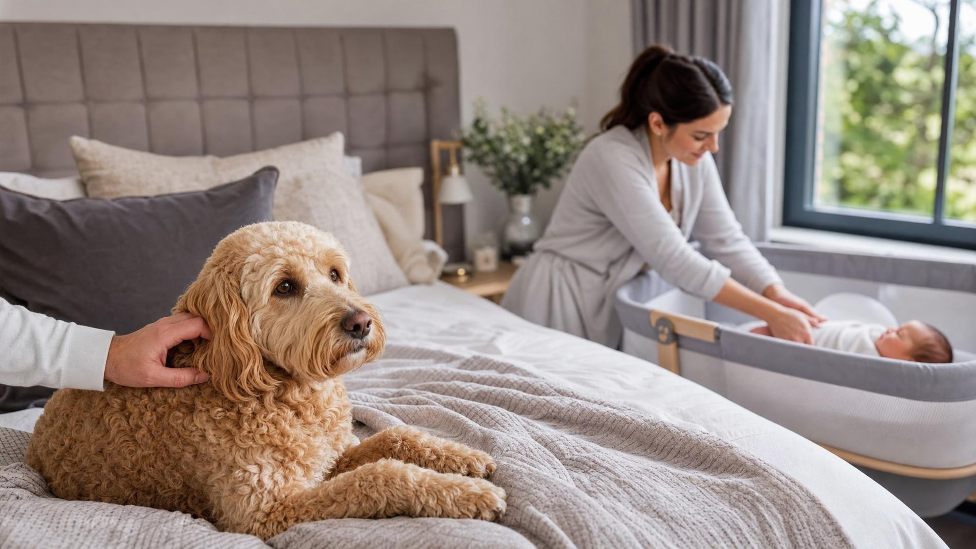 Dog included calmly while parent tends to newborn baby