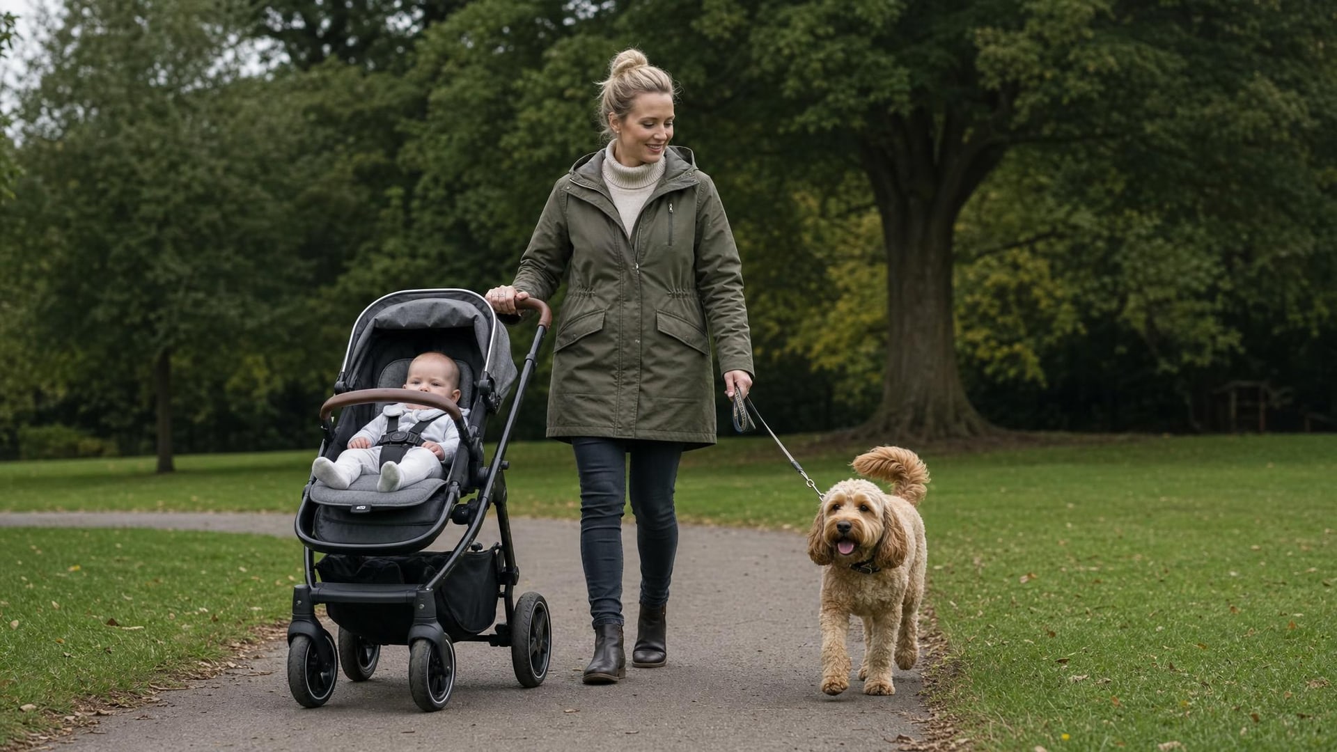 Dog walking calmly beside a pram on a lead