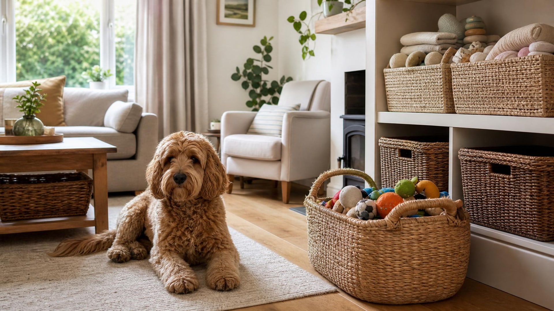 Dog toys and baby items stored separately at home