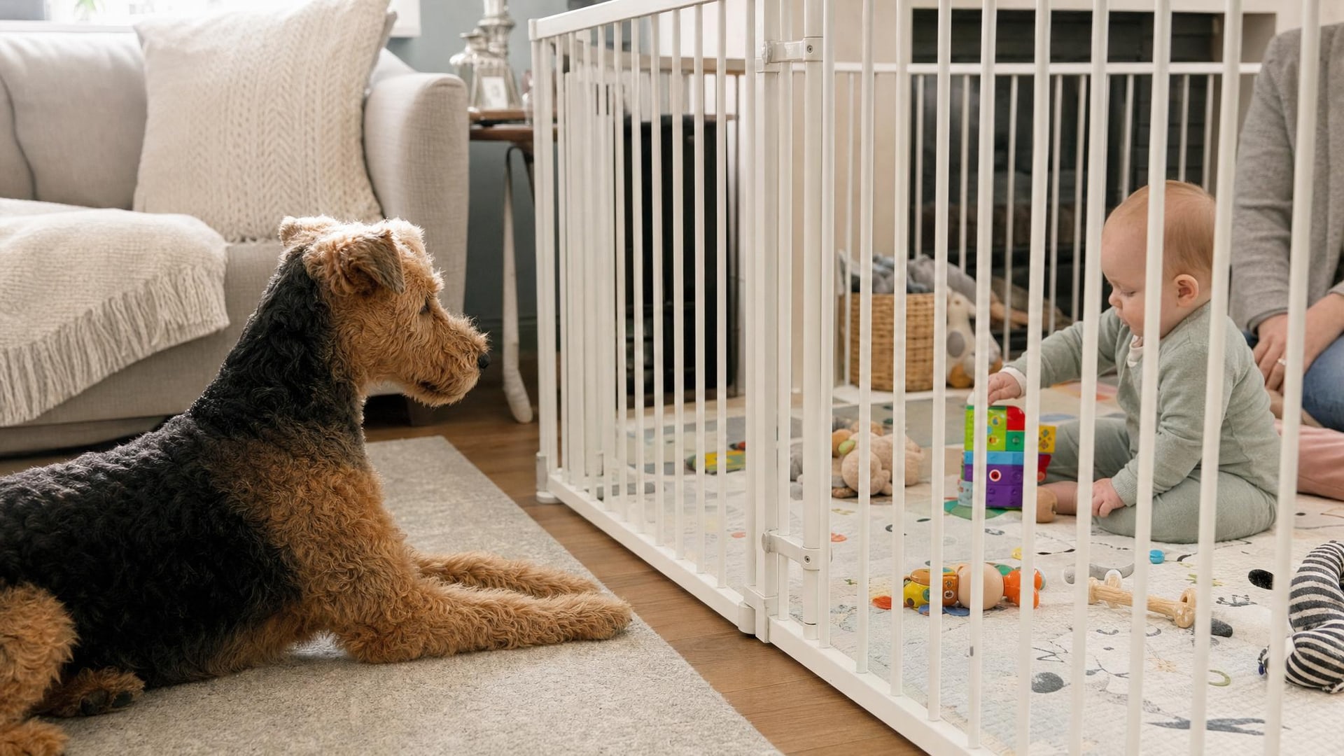 Baby gate separating dog and baby area safely