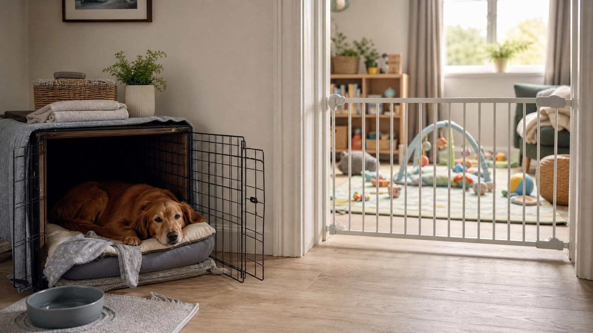 Dog resting safely away from a crawling baby play area