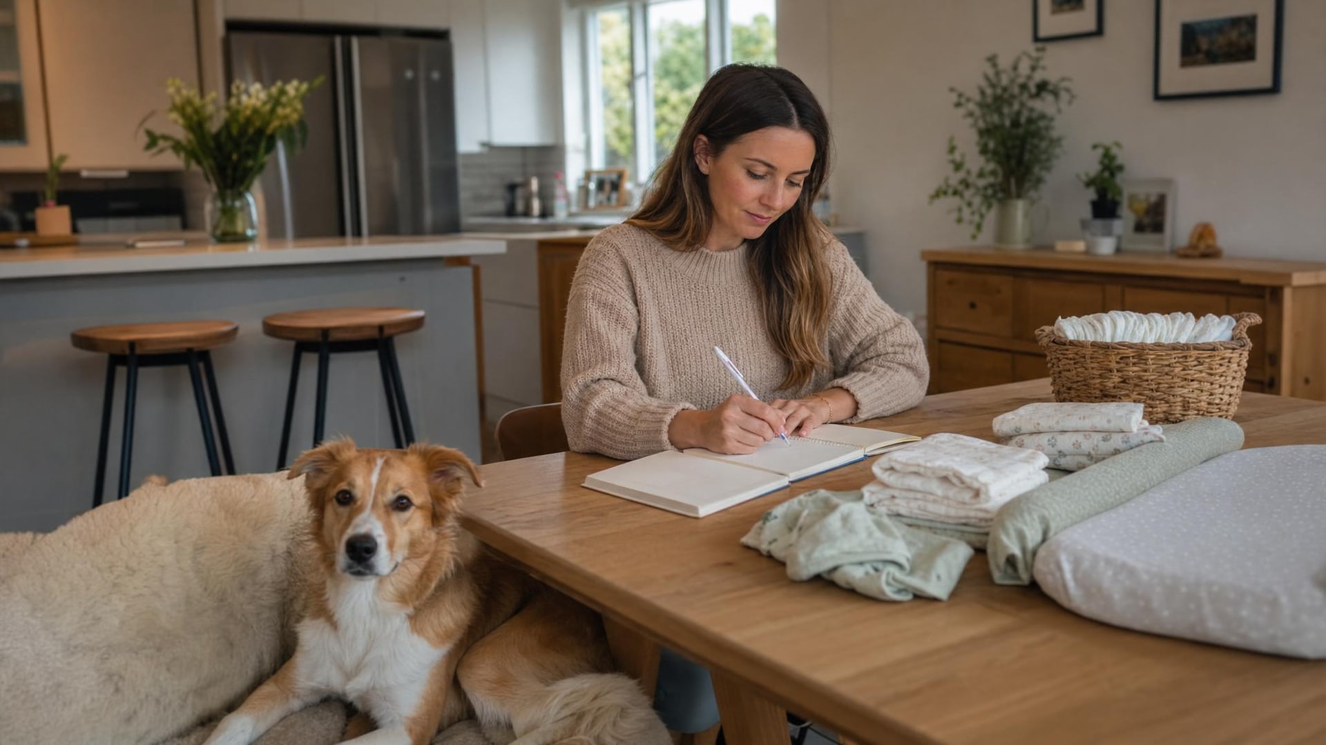 Dog owner preparing calmly for baby and dog safety