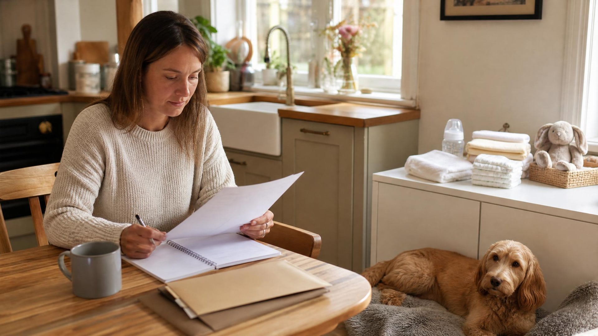 Owner reviewing newborn and dog introduction checklist