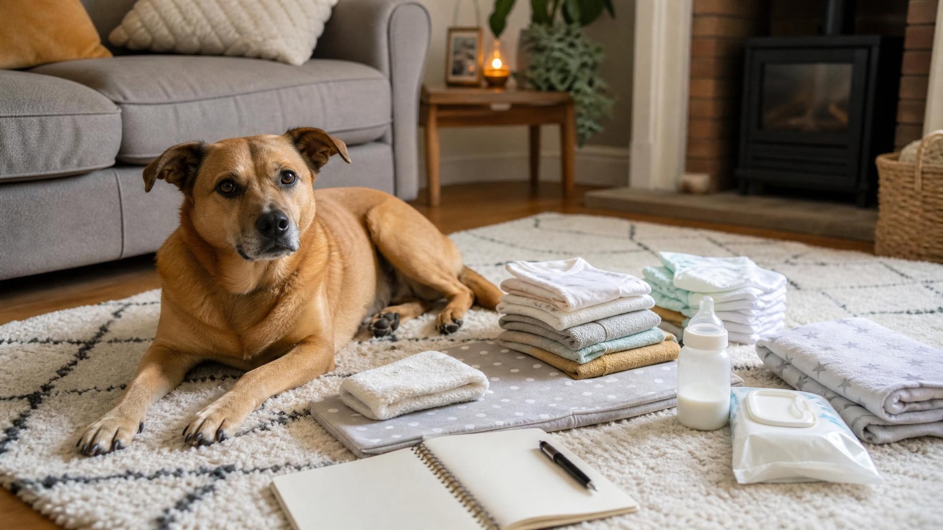Dog resting near baby preparation notes and items