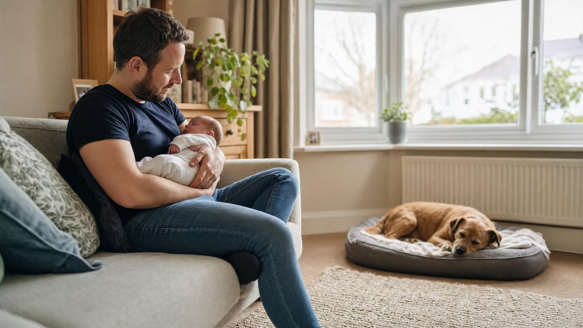 Calm dog resting safely near family with newborn baby
