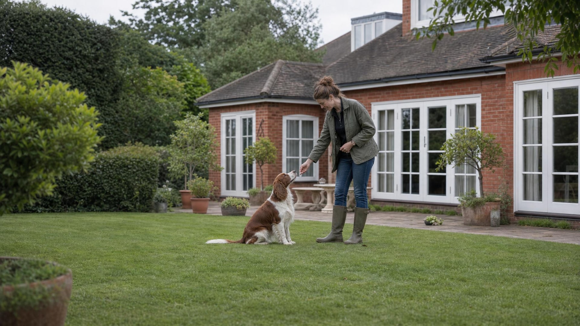 Dog learning with reward based training in a calm garden