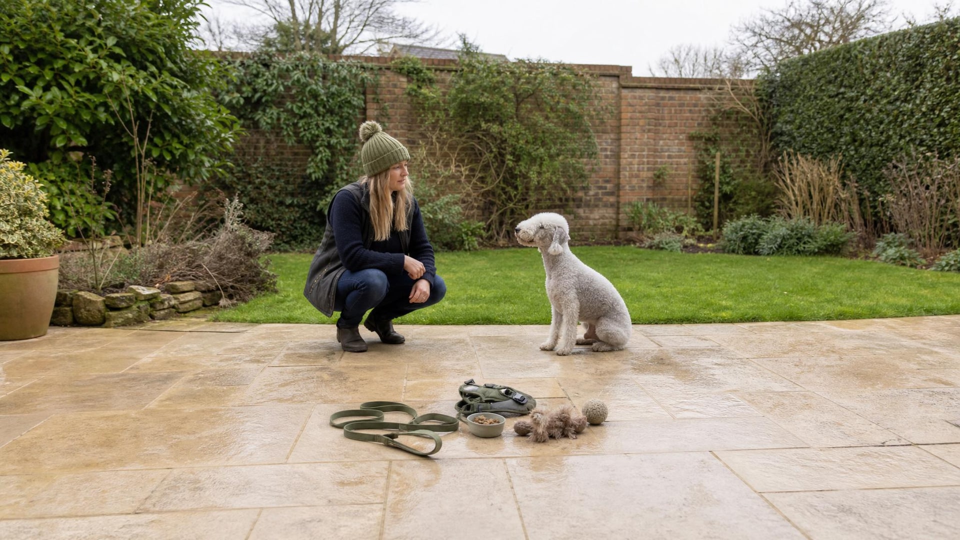 Older dog and owner practising gentle training at home