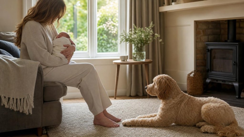 Calm dog resting safely while an adult holds a newborn baby