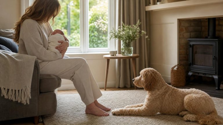 Calm dog resting safely while an adult holds a newborn baby