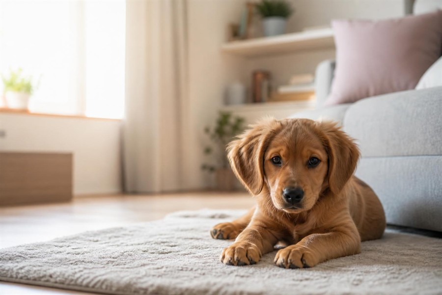 Calm puppy resting in a bright home while settling into a new routine
