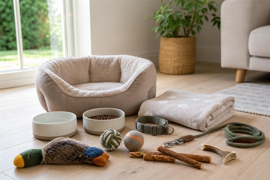 Puppy starter kit with bed, bowls, collar, lead and toys ready before a puppy comes home