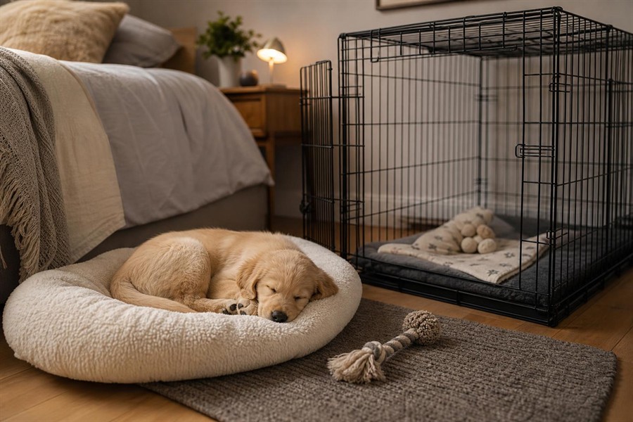 Young puppy sleeping in a cosy bed beside an open crate on the first night at home