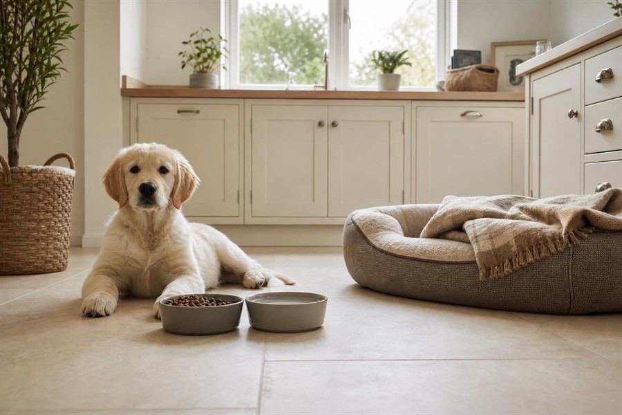 Relaxed puppy beside food bowls and a bed as part of a simple daily routine