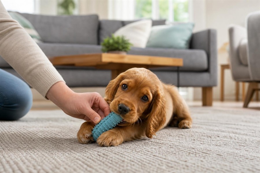 Puppy chewing a safe toy during teething while being calmly supervised at home