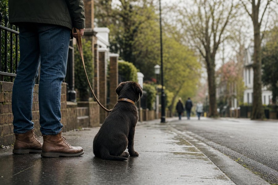 Puppy calmly observing everyday sights from a safe distance during early socialisation