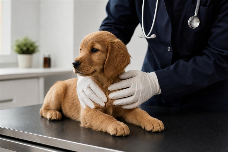 Puppy being gently checked by a vet as part of early puppy health care