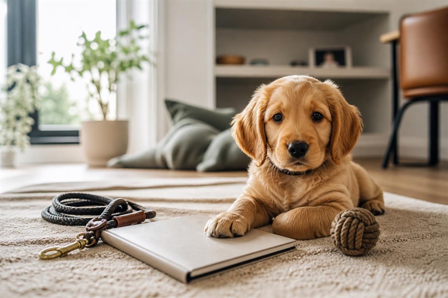 Puppy resting beside a notebook, lead and toy to represent a simple first month routine