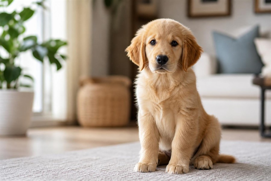 Warm portrait of a young puppy sitting calmly in a bright home