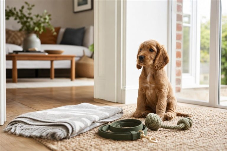 Puppy sitting calmly at home with starter items nearby for a new puppy routine