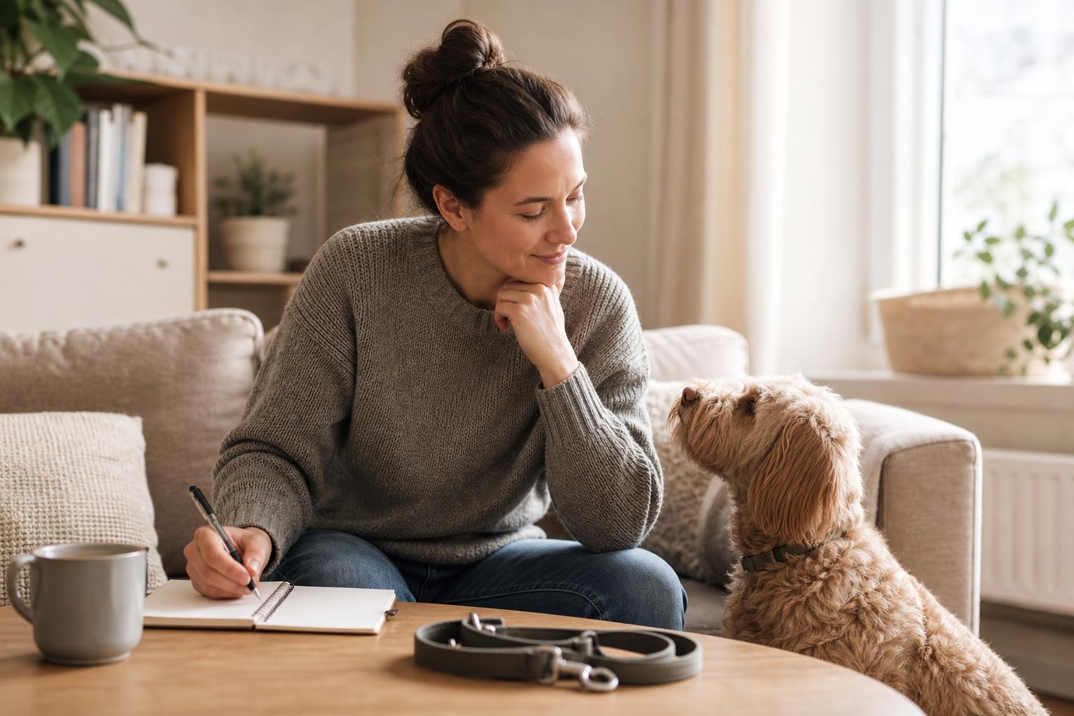 First-time dog owner choosing a suitable dog breed at home