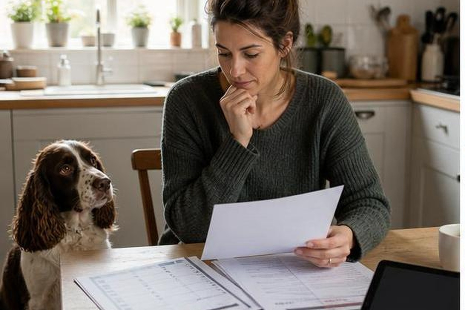 First-time dog owner comparing breed needs with a calm dog nearby