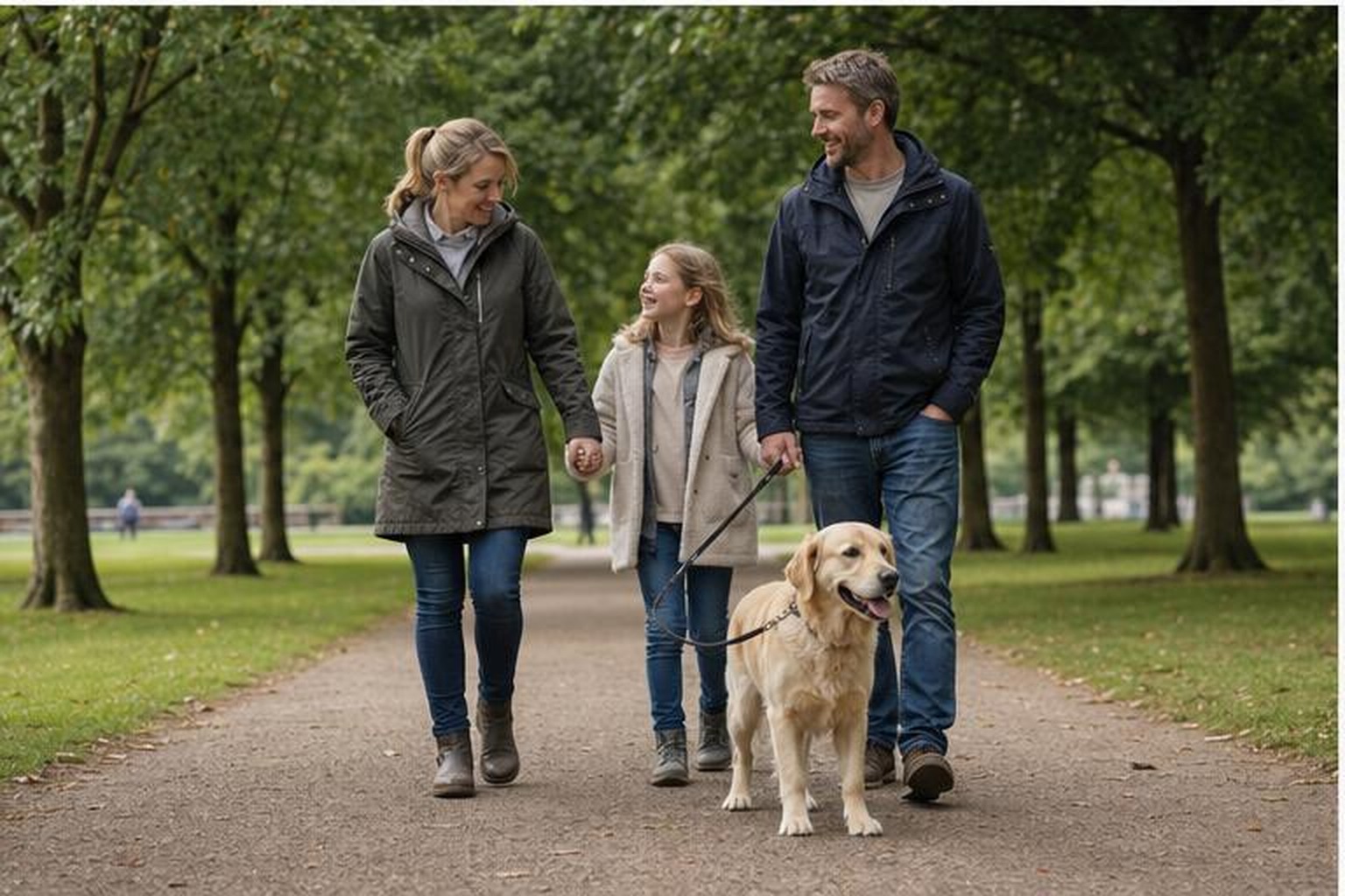 Family walking a medium-sized dog calmly on lead in a UK park
