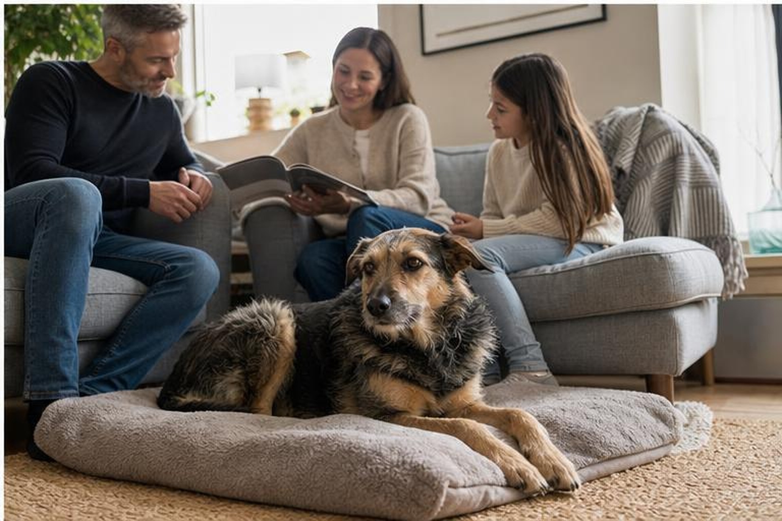 Adult dog resting calmly beside a family in a living room