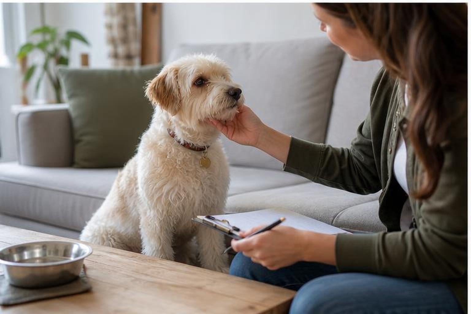 Calm small dog being brushed with grooming tools nearby