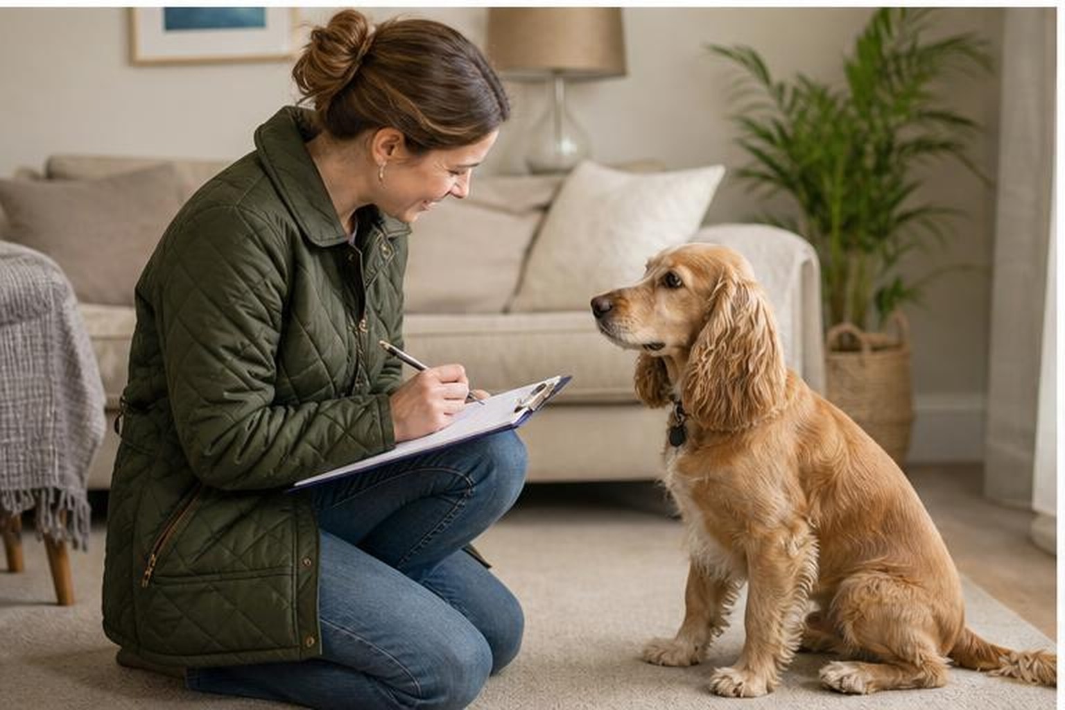 Owner calmly rewarding a puppy during simple training at home