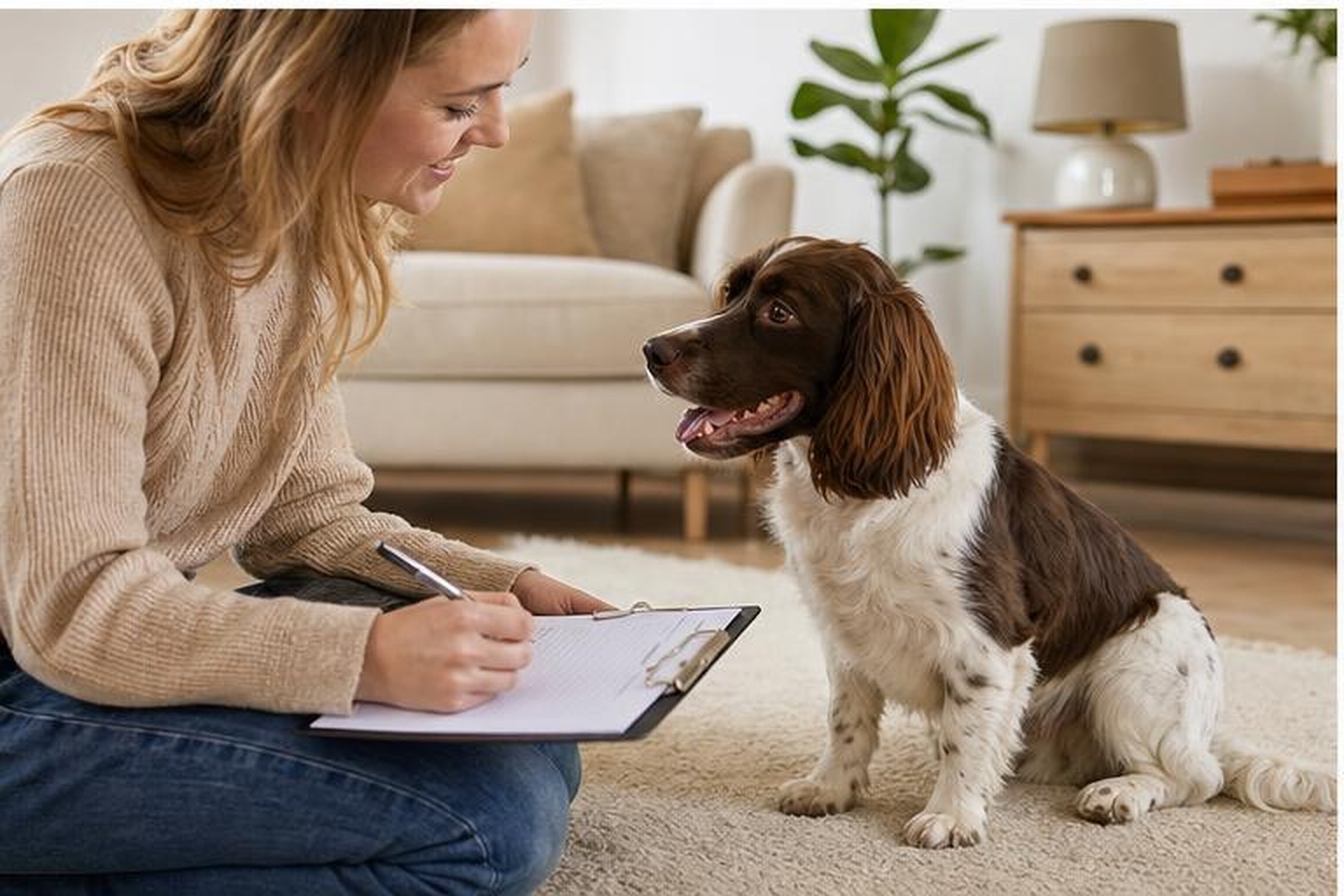 Prospective owner meeting a calm dog and checking notes in a clean home environment