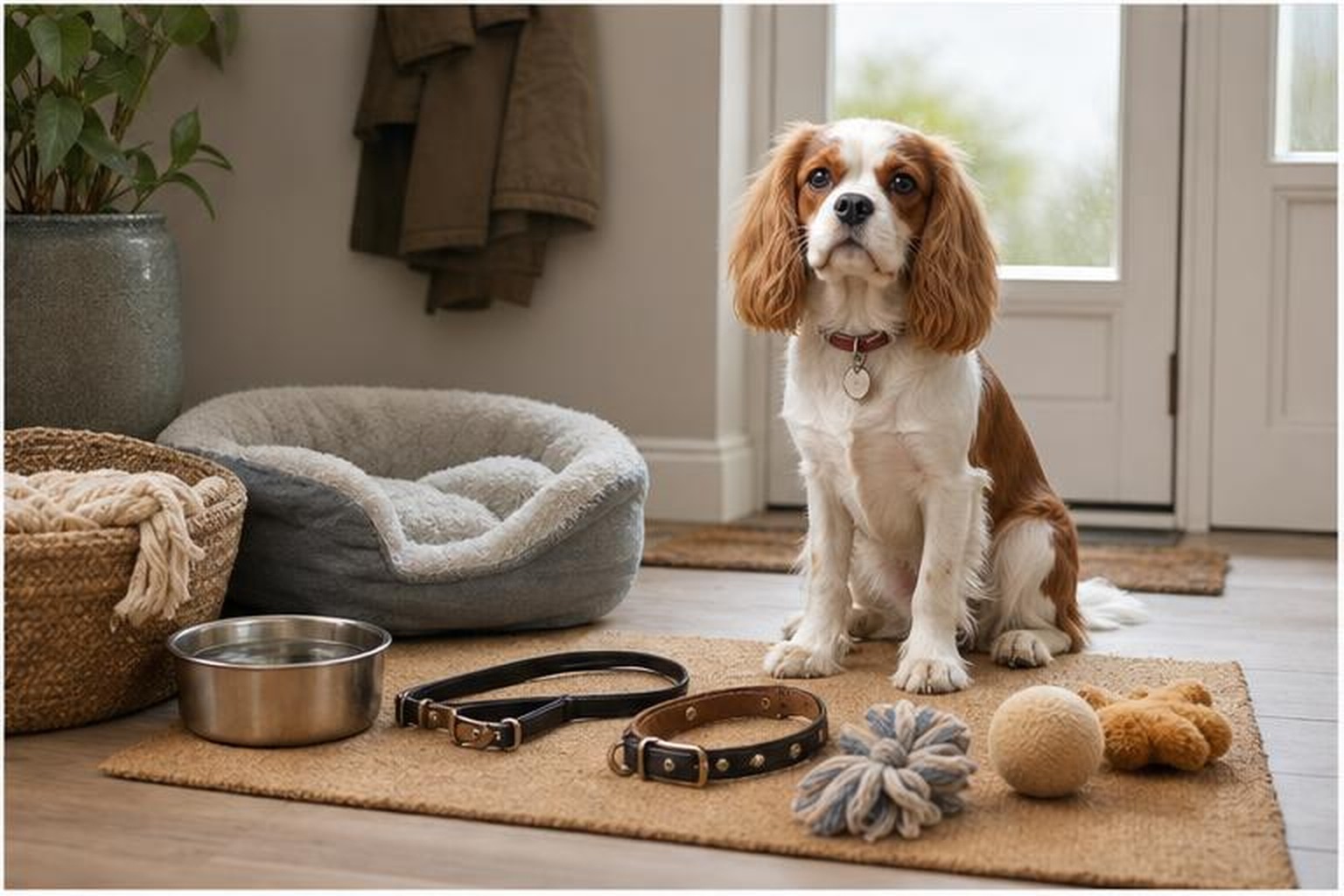 First dog essentials arranged neatly near a front door with a calm dog waiting