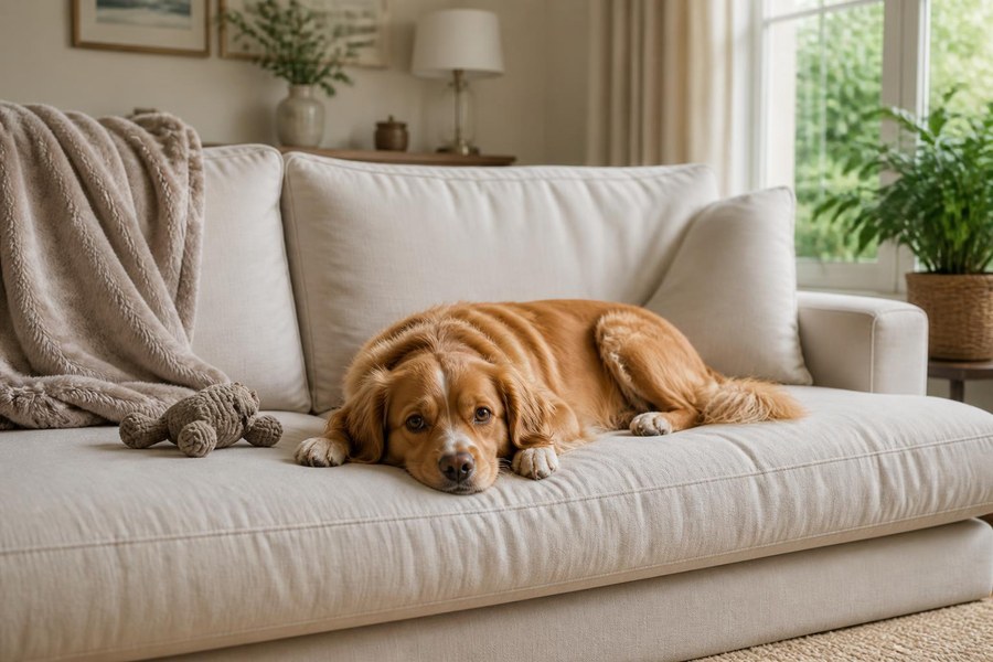 Bored dog resting on a sofa with a toy nearby in a calm home