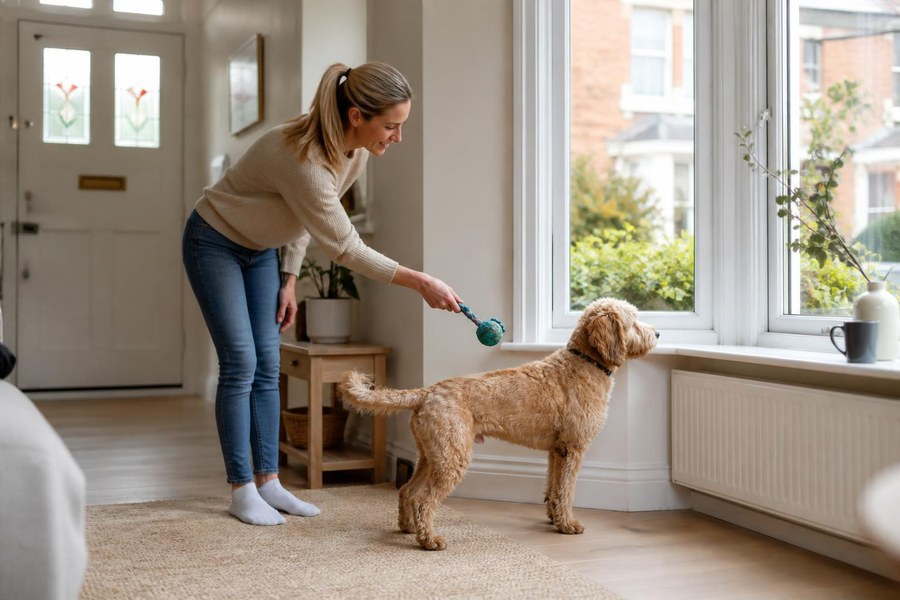Dog near a window being calmly redirected with a toy