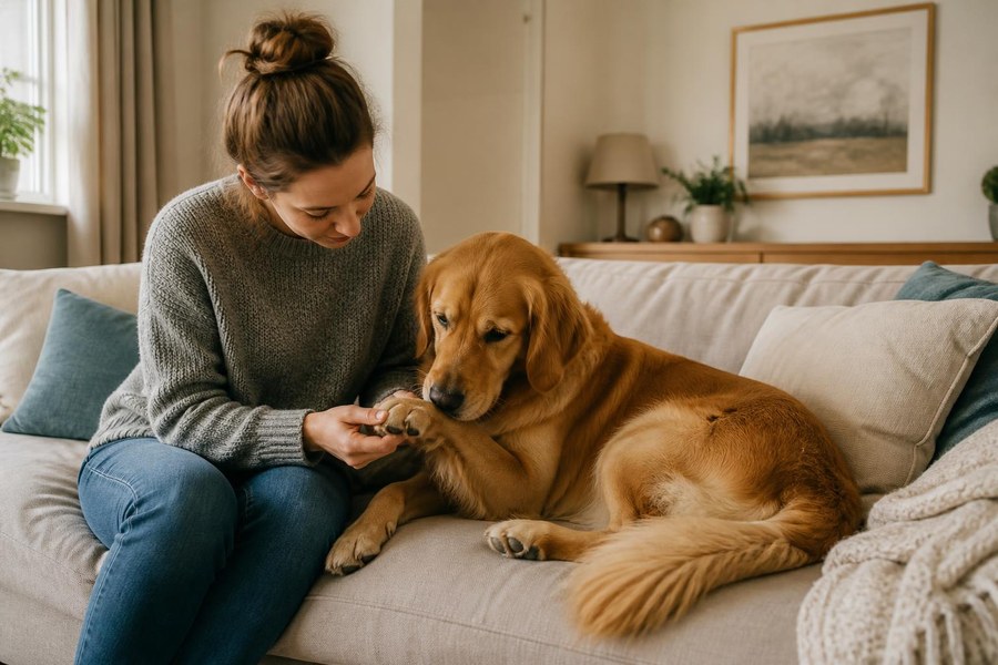 Owner gently checking a dog paw after repeated licking