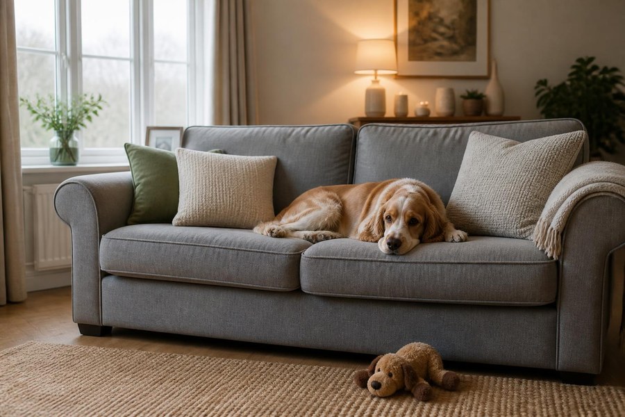 Quiet dog resting beside an unused toy at home