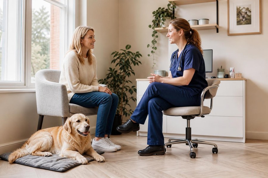 Owner speaking with a veterinary professional while a dog rests nearby